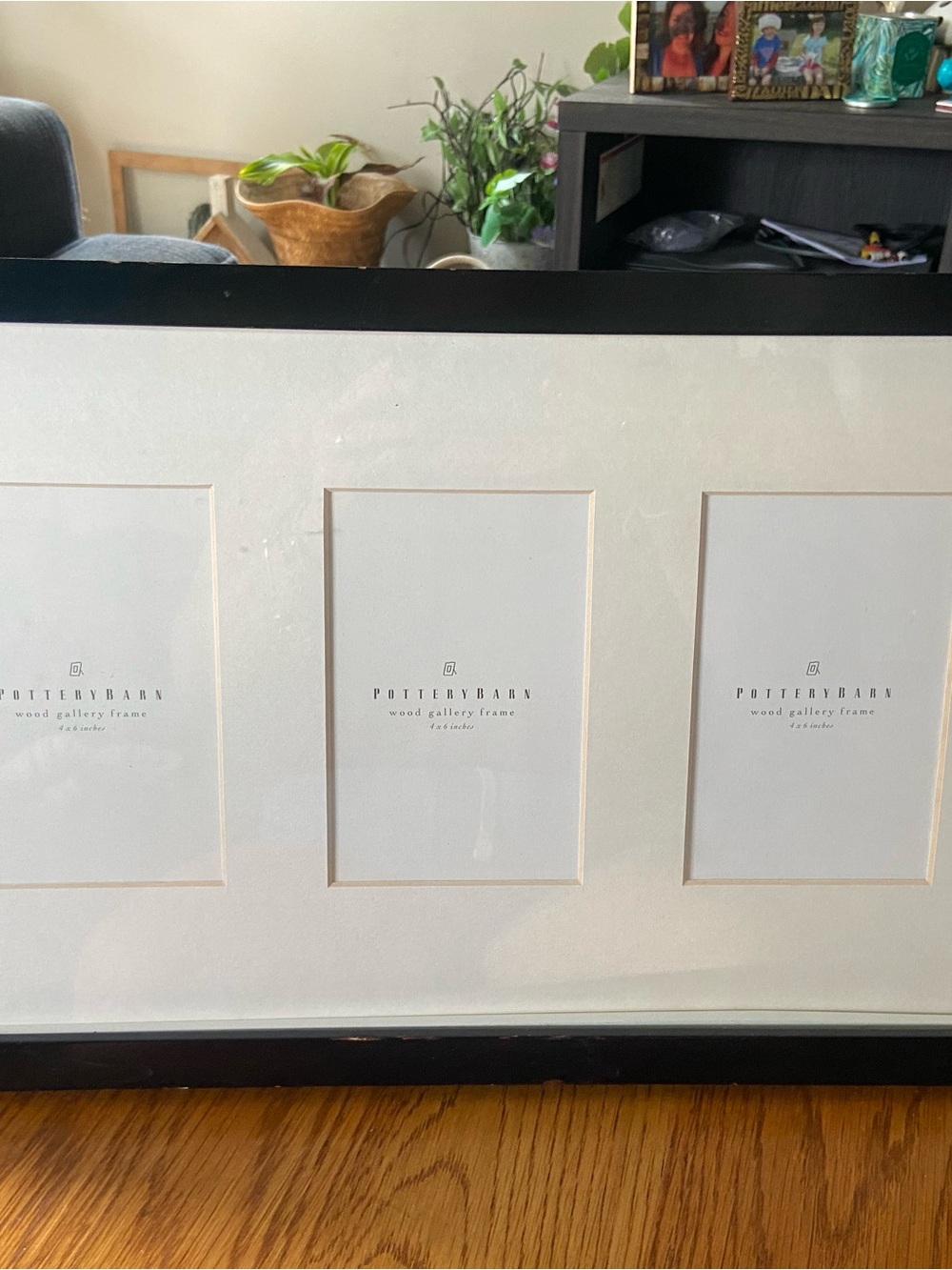 Pottery Barn 3 slot Photo Black Wood Gallery Frame with White Mat
